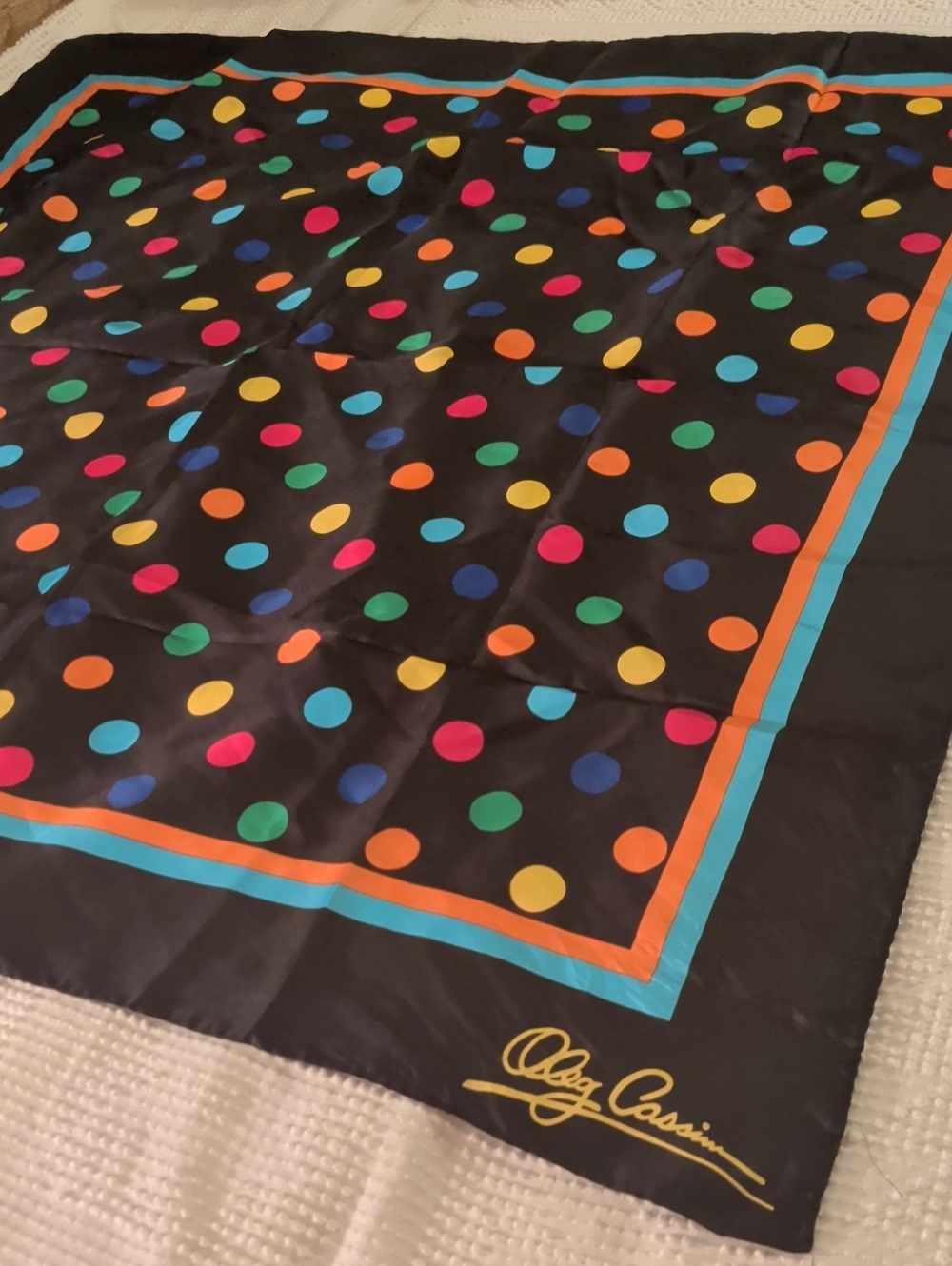 Oleg Cassini Black Silk Scarf with Multicolor Polka Dots
